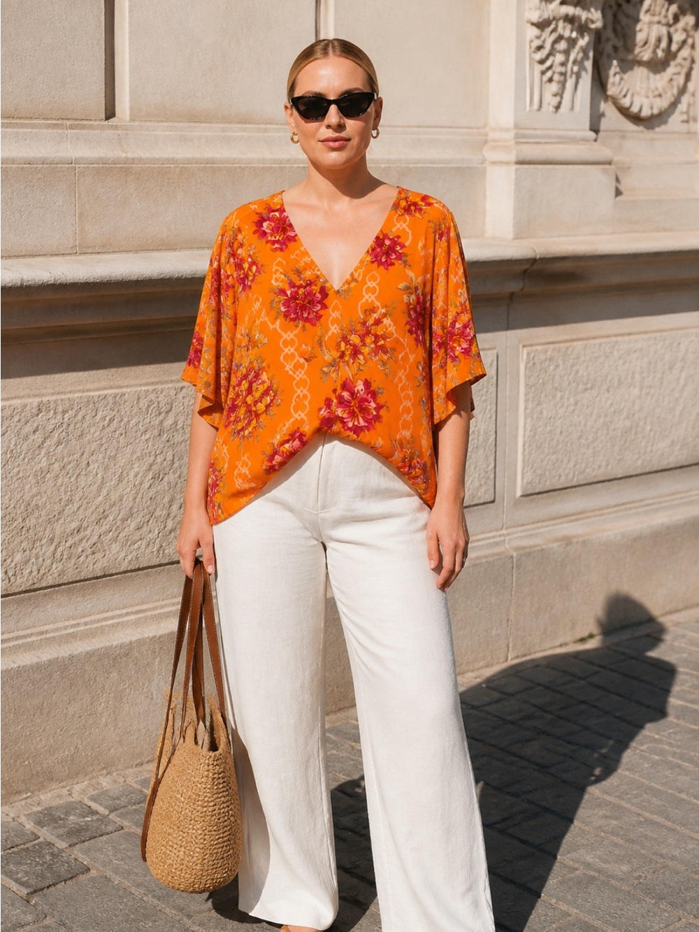 JM Collection Orange Floral V-Neck Blouse with Pink Blooms